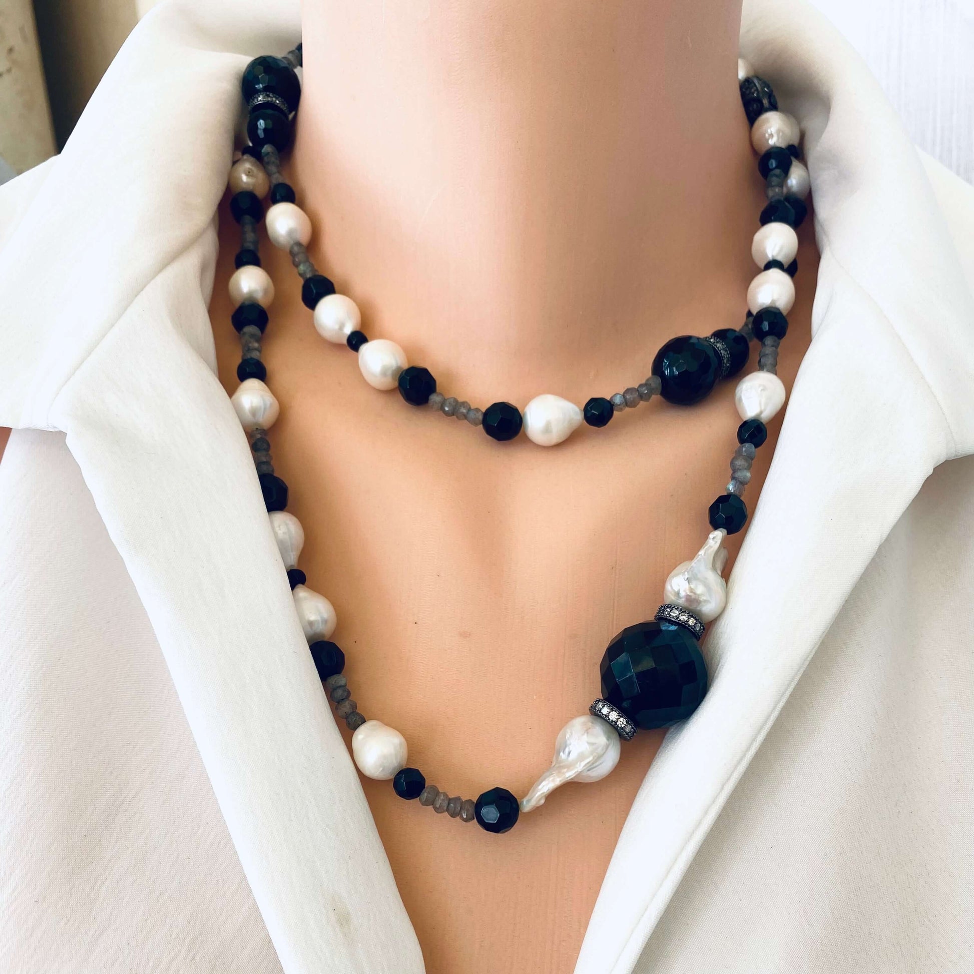 Labradorite Onyx Pearl Long Necklace worn on a mannequin, showcasing its handcrafted design and stunning gemstones.