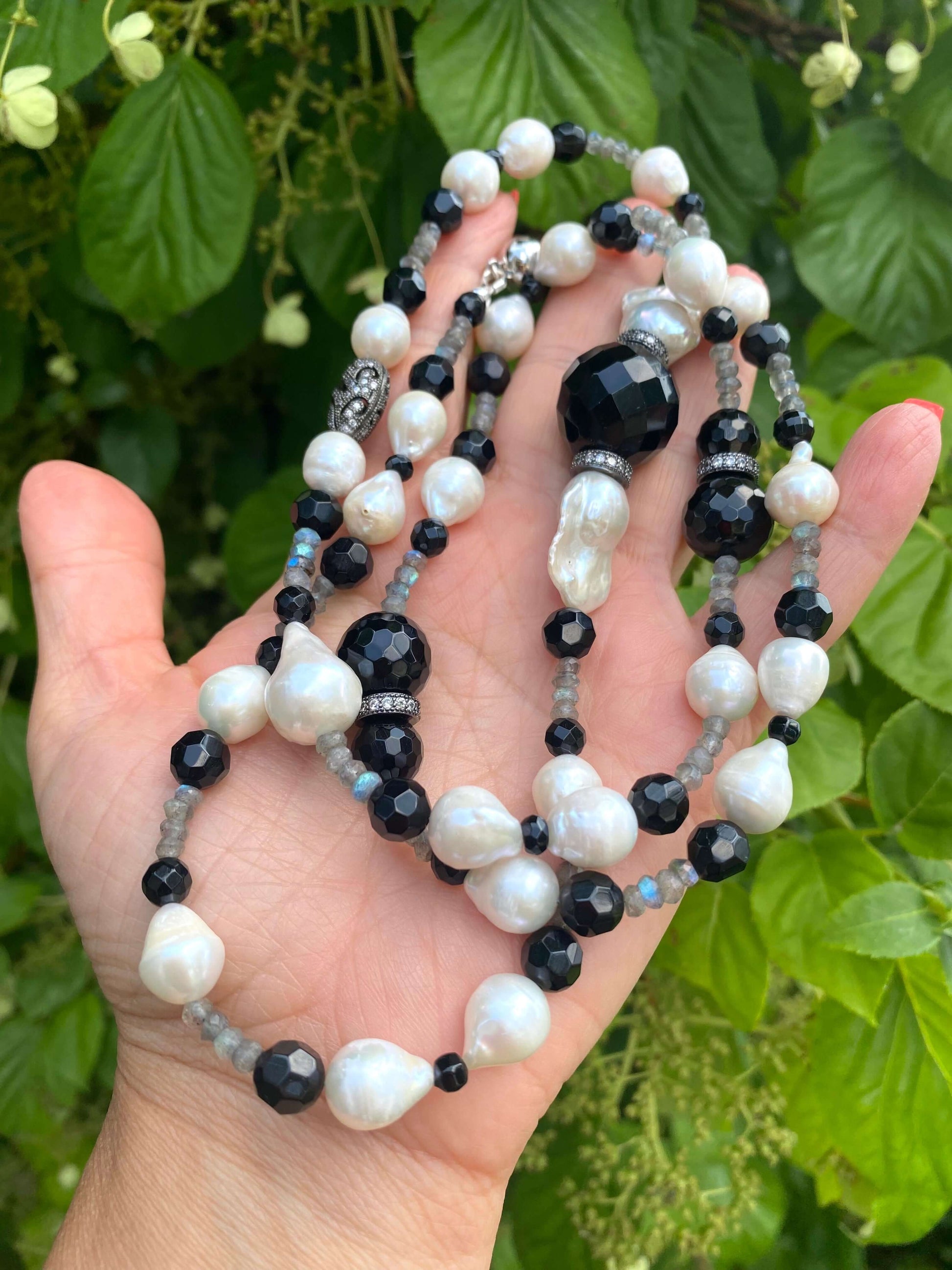 Labradorite Onyx Pearl Long Necklace featuring black onyx and white pearls, handcrafted 39" jewelry from Canada.