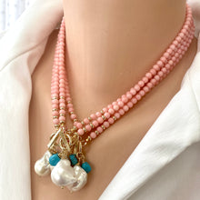 Charger l&#39;image dans la galerie, Angel Skin Pink Coral Toggle Necklace with Freshwater Baroque Pearl Pendant &amp; Turquoise Charm, Gold Plated, 17&quot;in
