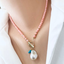Carica l&#39;immagine nel visualizzatore di Gallery, Angel Skin Pink Coral Toggle Necklace with Freshwater Baroque Pearl Pendant &amp; Turquoise Charm, Gold Plated, 17&quot;in
