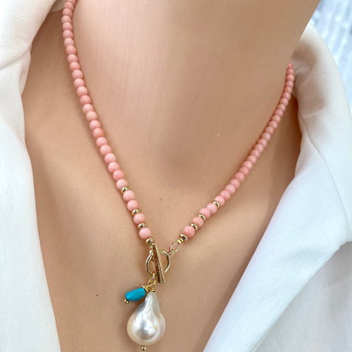 pink coral beaded necklace with baroque pearl pendant and turquoise
