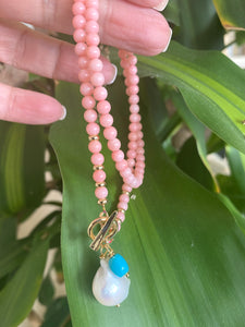 pink coral necklace and gold plated toggle clasp