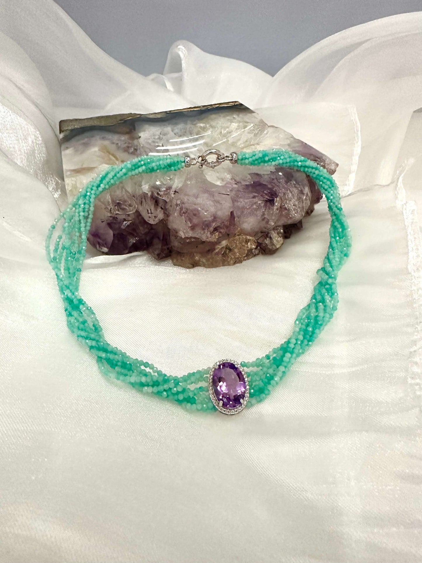 Amethyst Amazonite Choker Necklace – 8-Strand Twisted Gemstone Collar with vibrant amazonite beads.
