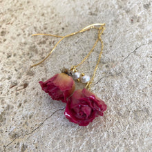 Load image into Gallery viewer, Real Red Roses and Freshwater Pearl Threader Earrings, 4.5&quot;in Gold Vermeil Plated Silver
