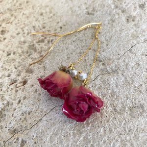Real Red Roses & Freshwater Pearl Threader Earrings