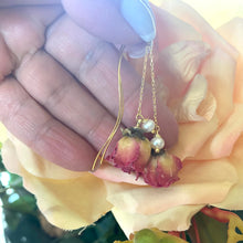 Charger l&#39;image dans la galerie, Real Red Roses and Freshwater Pearl Threader Earrings, 4.5&quot;in Gold Vermeil Plated Silver
