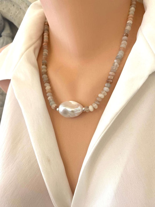 Moonstone and Baroque Pearl Necklace showcasing mixed moonstone rondelles and a baroque pearl center.