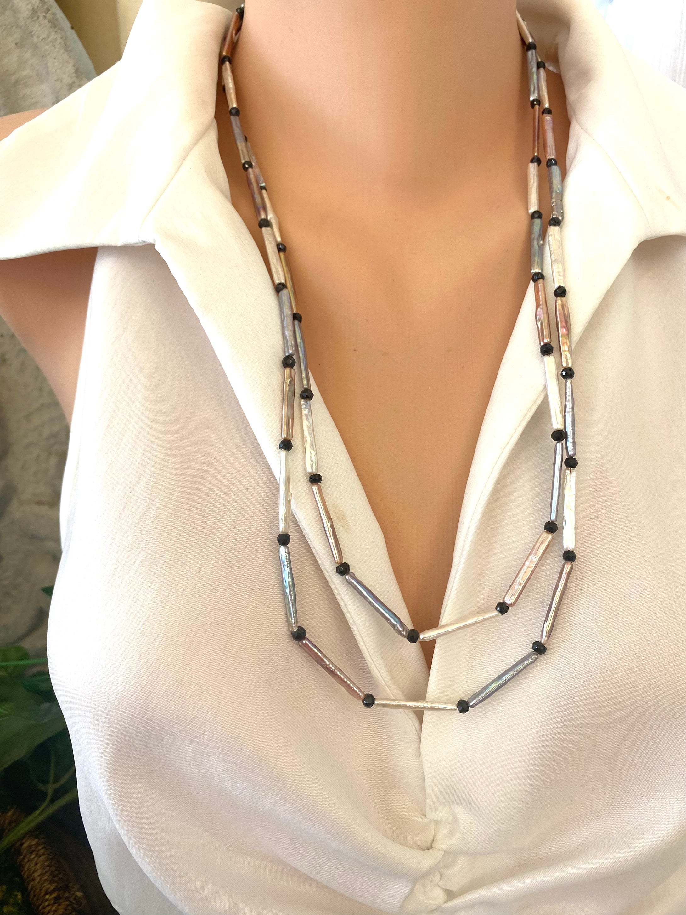 White, Pink and Grey Stick Pearls with Black Spinel Long Layering Necklace