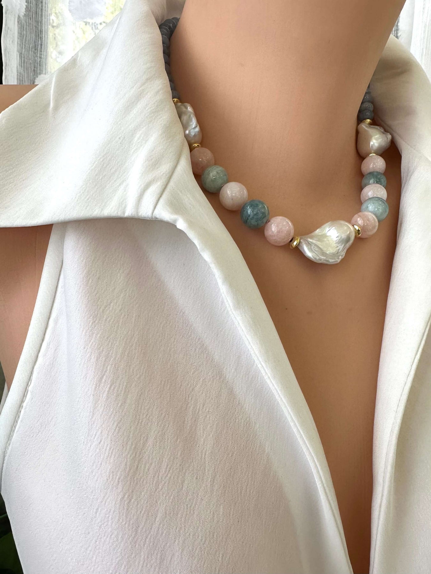 Blue Jade Morganite Aquamarine Pearl Necklace | Baroque Design