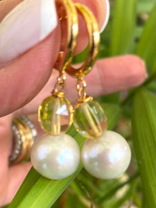 Edison White Pearls and Citrine Hoop Earrings, Gold Vermeil Plated Silver