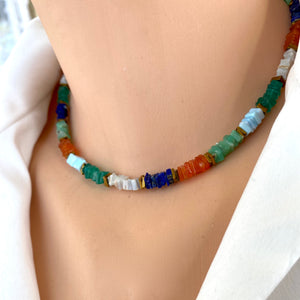 Mixed Gemstones Necklace, Lapis Lazuli, Carnelian, Chrysoprase, Opal & Green Onyx, Gold Filled, 15"or 16"in