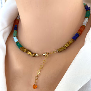 Mixed Gemstones Necklace, Lapis Lazuli, Carnelian, Chrysoprase, Opal & Green Onyx, Gold Filled, 15"or 16"in
