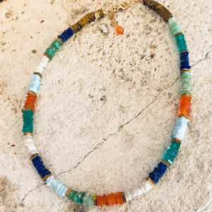 Mixed Gemstones Necklace, Lapis Lazuli, Carnelian, Chrysoprase, Opal & Green Onyx, Gold Filled, 15"or 16"in