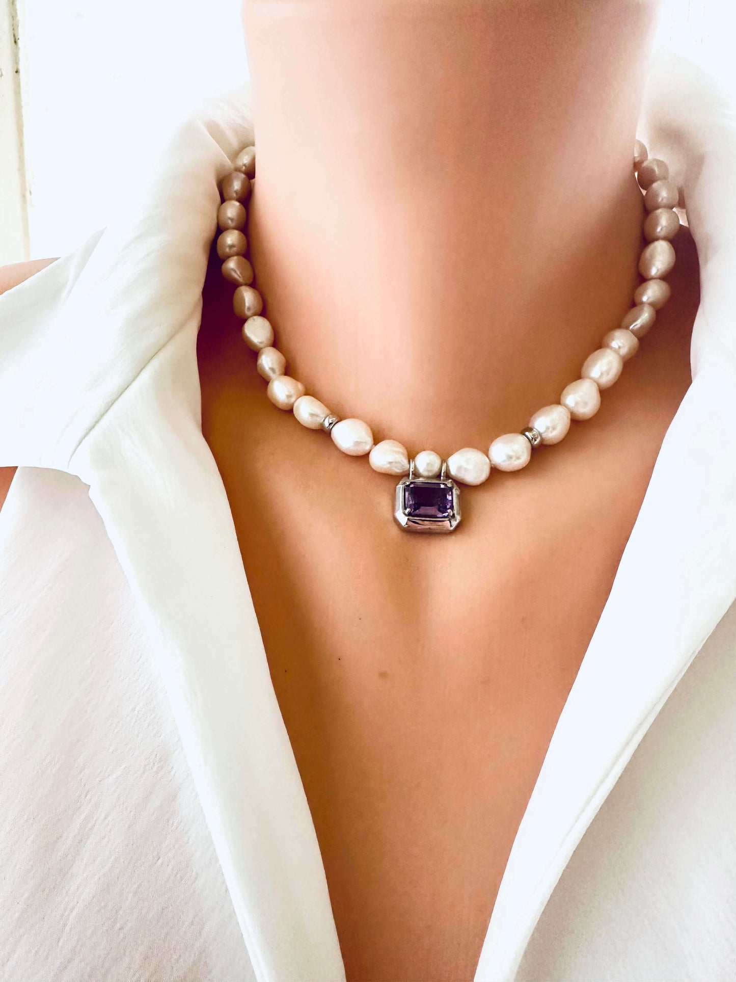 White Nugget Pearl Necklace with Amethyst Pendant – 'Viola' Collection worn elegantly.
