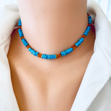 Carica l&#39;immagine nel visualizzatore di Gallery, Turquoise &amp; Carnelian Beaded Choker Necklace, Square Heishi and Cube Gemstones, Gold Filled, 14&quot;in, December Birthstone
