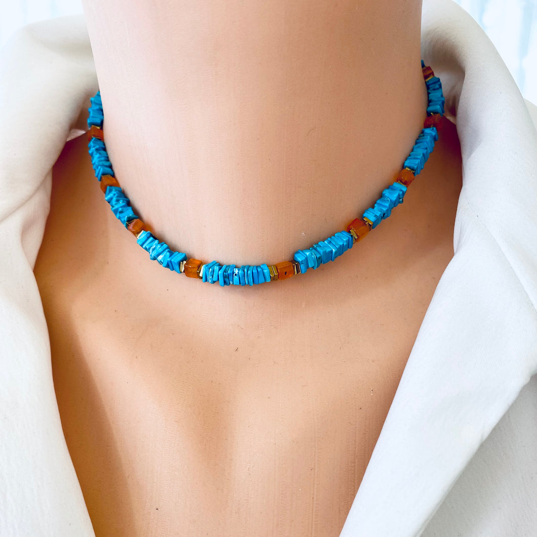 Turquoise & Carnelian Beaded Choker Necklace, Square Heishi and Cube Gemstones, Gold Filled, 14