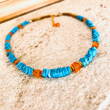 Load image into Gallery viewer, Turquoise &amp; Carnelian Beaded Choker Necklace, Square Heishi and Cube Gemstones, Gold Filled, 14&quot;in, December Birthstone
