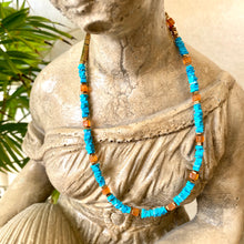 Load image into Gallery viewer, Turquoise &amp; Carnelian Beaded Choker Necklace, Square Heishi and Cube Gemstones, Gold Filled, 14&quot;in, December Birthstone

