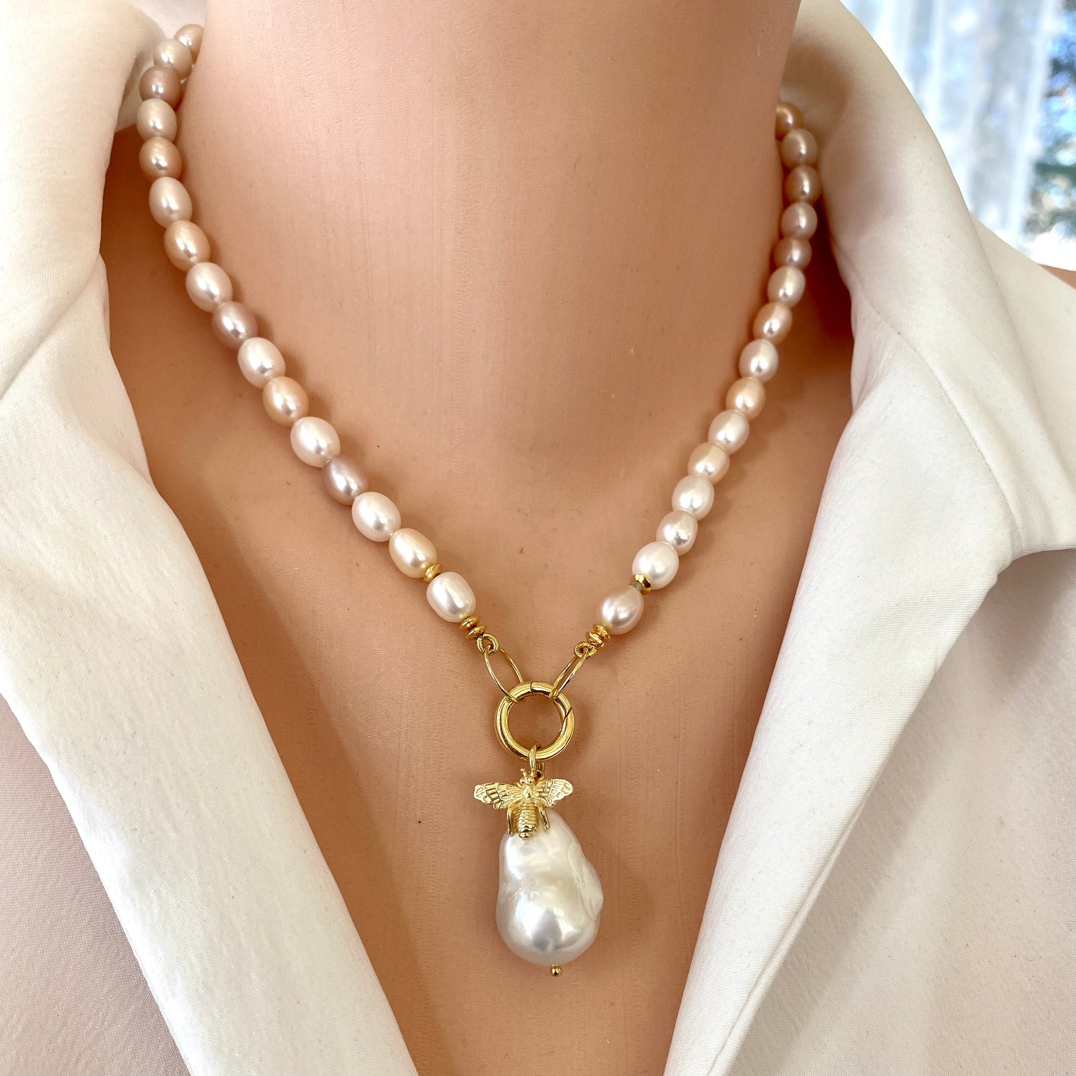 Pastel Pearl Necklace, Removable Bee & Baroque Pearl Charm
