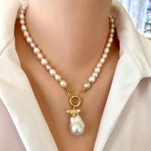 Pastel Pearl Necklace, Gold Vermeil Details, Removable Bee Charm & Baroque Pearl Pendant, 17.5"in