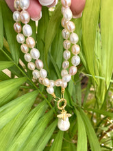 Load image into Gallery viewer, Pastel Pearl Necklace, Gold Vermeil Details, Removable Bee Charm &amp; Baroque Pearl Pendant, 17.5&quot;in
