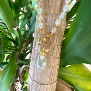 Pastel Pearl Necklace, Gold Vermeil Details, Removable Bee Charm & Baroque Pearl Pendant, 17.5"in