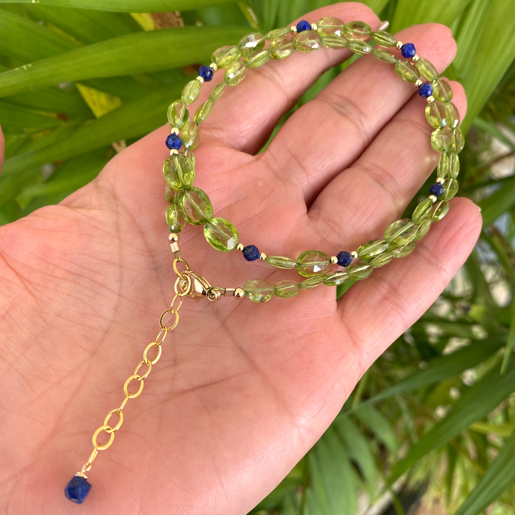 Peridot and Lapis Lazuli Dainty Short Necklace, Gold Filled, 16