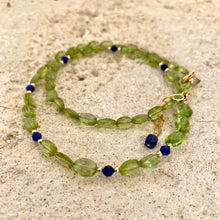 Load image into Gallery viewer, Peridot and Lapis Lazuli Dainty Short Necklace, Gold Filled, 16&quot;inches, August Birthstone
