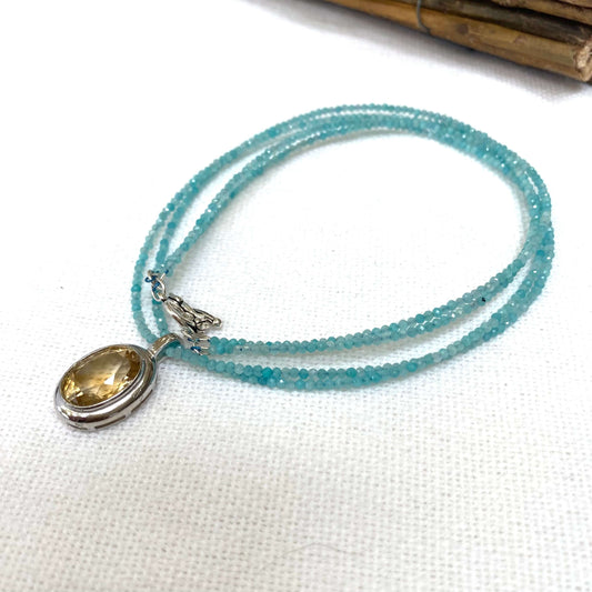 Blue Amazonite Citrine Pendant Necklace | Double Strand Design by Loulia Pearl Jewelry.