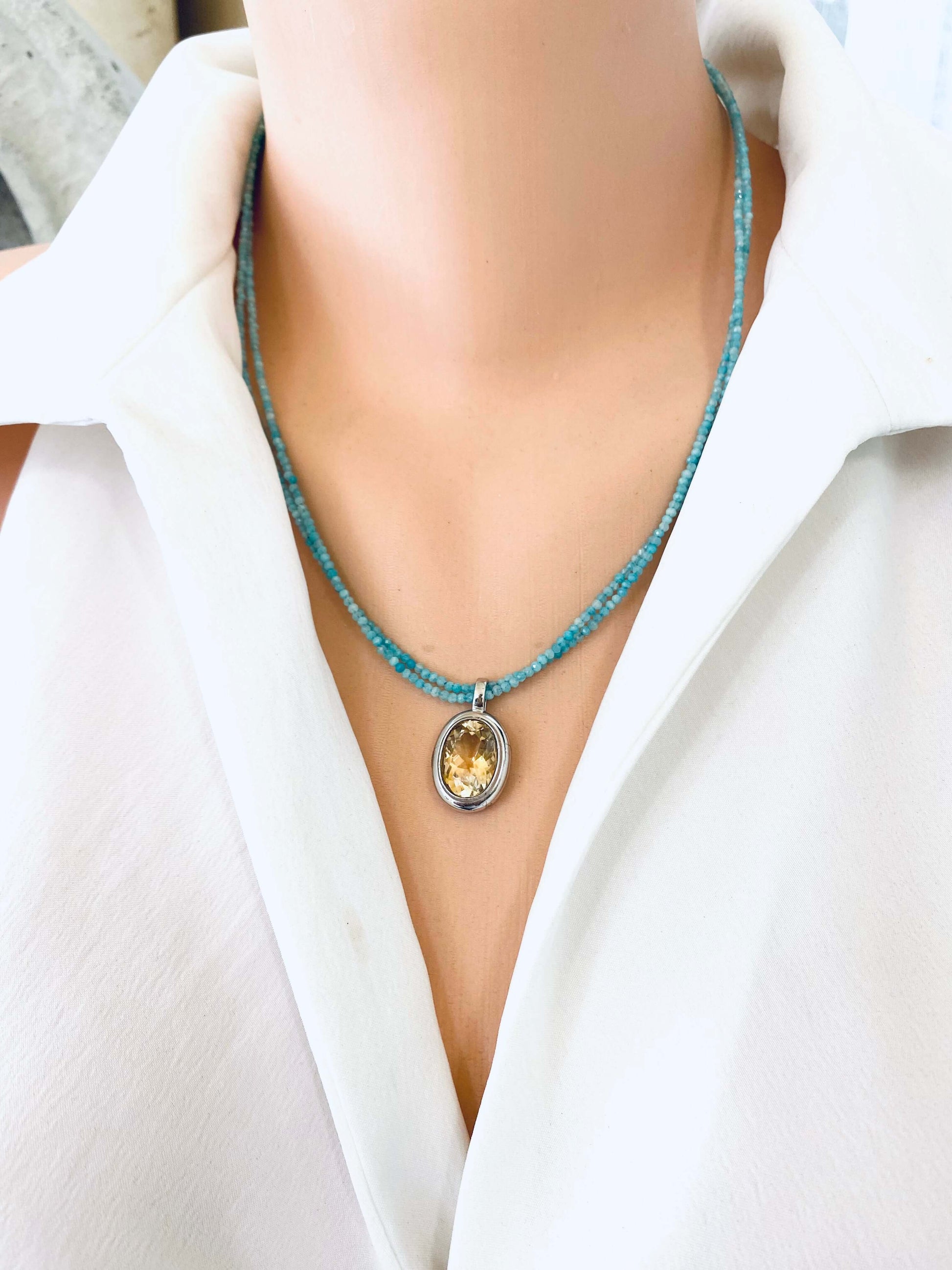 Blue Amazonite Citrine Pendant Necklace featuring a yellow citrine pendant on a double strand design.