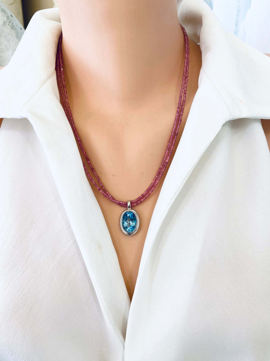 Pink Tourmaline Blue Topaz Pendant displayed on a model, showcasing the double strand design by Loulia Pearl Jewelry.