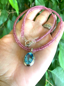 Double Strand Pink Tourmaline & Blue Topaz Pendant | December Birthstone