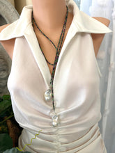 Load image into Gallery viewer, Ruby Zoisite &amp; Two Baroque Pearl Lariat Necklace | 54&quot;
