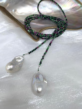 Load image into Gallery viewer, Ruby Zoisite &amp; Two Baroque Pearl Lariat Necklace | 54&quot;
