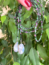 Load image into Gallery viewer, Ruby Zoisite &amp; Two Baroque Pearl Lariat Necklace | 54&quot;
