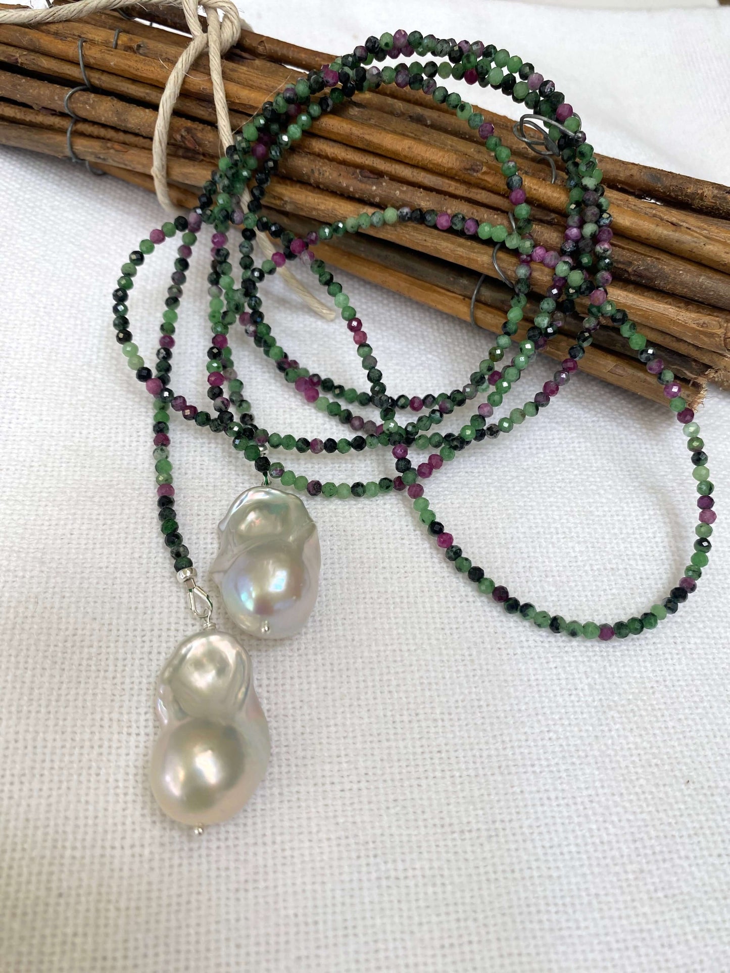 Ruby Zoisite Baroque Pearl Necklace | 54" Lariat Design
