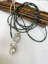Load image into Gallery viewer, Ruby Zoisite &amp; Two Baroque Pearl Lariat Necklace | 54&quot;
