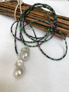 Ruby Zoisite & Two Baroque Pearl Lariat Necklace | 54"