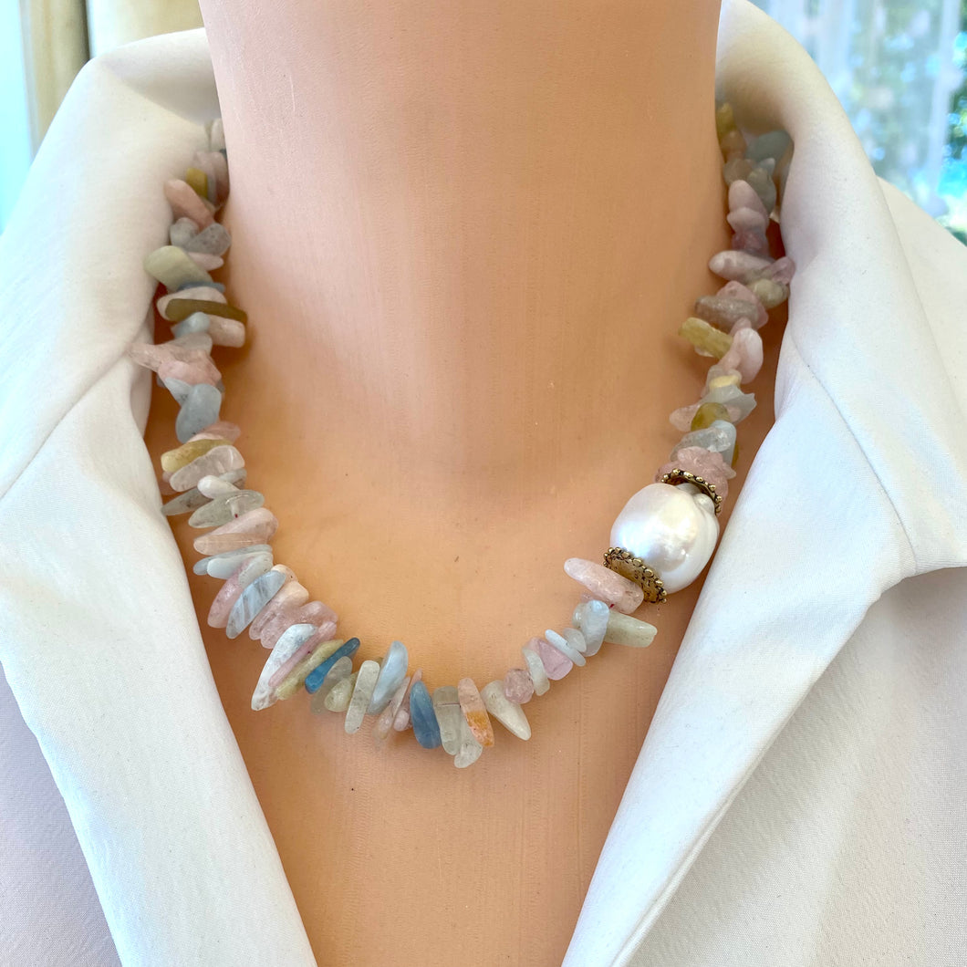 Morganite, Aquamarine Chips and Fresh Water Baroque Pearl Beaded Necklace, Gold Bronze & Gold Filled Details, 18