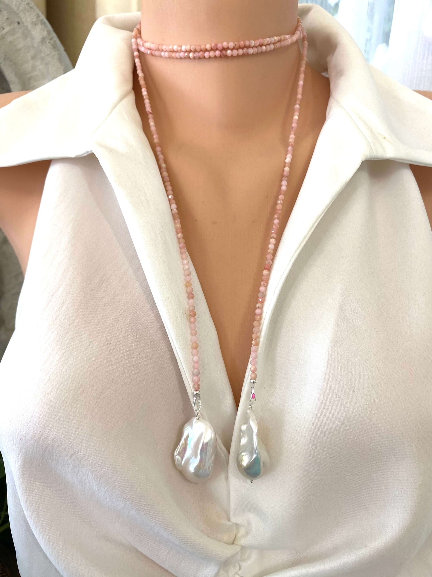 Pink Opal Baroque Pearl Necklace featuring faceted pink opal beads and large baroque pearls in a lariat design.