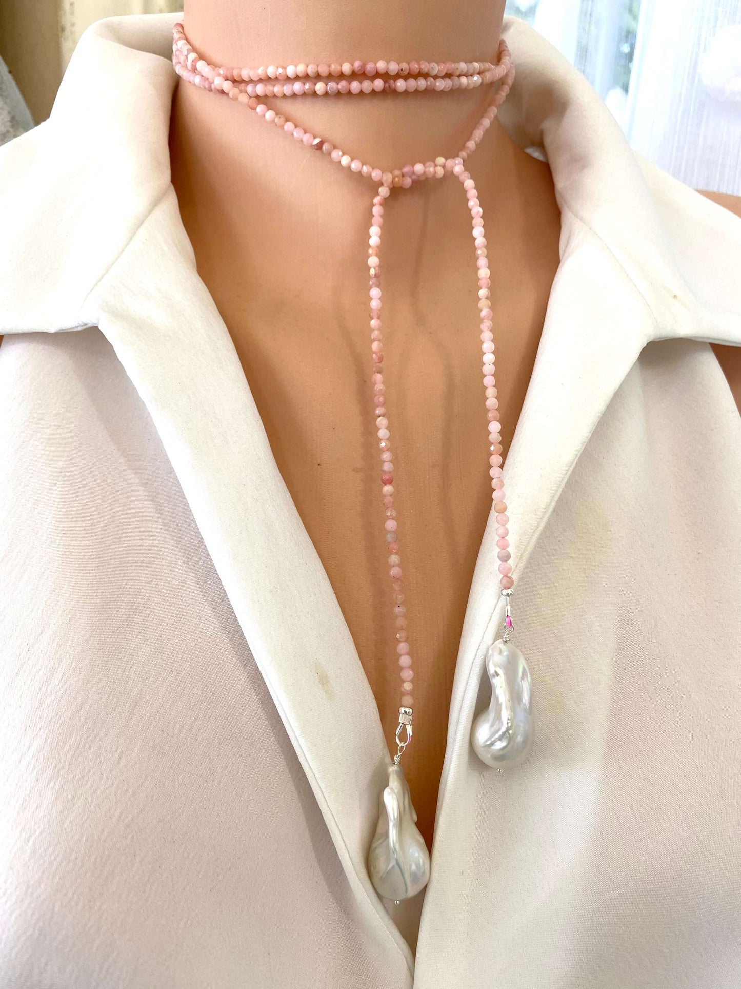 Pink Opal Baroque Pearl Necklace | 52" Lariat Design featuring faceted pink opal beads and large baroque pearls.