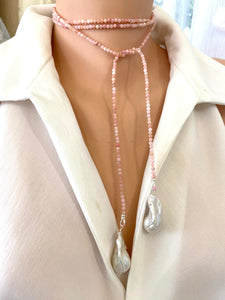 Pink Opal & Two Baroque Pearl Lariat Necklace | 52"