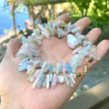 Load image into Gallery viewer, Morganite, Aquamarine Chips and Fresh Water Baroque Pearl Beaded Necklace, Gold Bronze &amp; Gold Filled Details, 18&quot;inches
