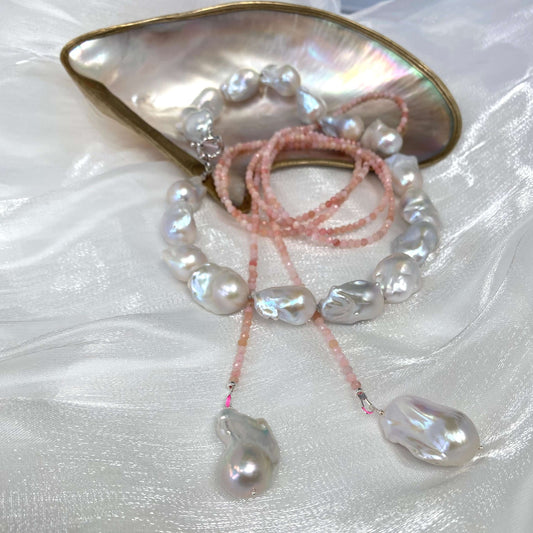 Pink Opal Baroque Pearl Necklace | 52" Lariat Design featuring faceted pink opal beads and unique baroque pearls.