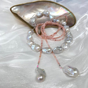 Pink Opal & Two Baroque Pearl Lariat Necklace | 52"