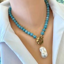 Lade das Bild in den Galerie-Viewer, Large Blue Amazonite Beads and White Baroque Pearl Necklace, Gold Filled &amp; Gold Bronze Toggle Necklace, 18&#39;in
