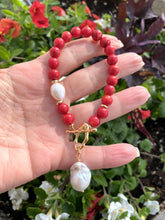 Load image into Gallery viewer, Red Coral and White Baroque Pearl Beaded Bracelet, Red Bamboo Coral Beads, Gold Plated Details, 7&quot;inches
