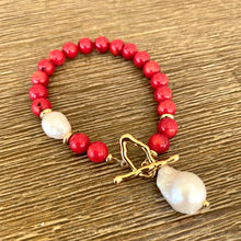 Load image into Gallery viewer, Red Coral and White Baroque Pearl Beaded Bracelet, Red Bamboo Coral Beads, Gold Plated Details, 7&quot;inches
