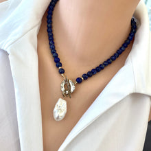 Load image into Gallery viewer, Lapis Lazuli Beaded Necklace with Freshwater Baroque Pearl, Gold Filled, Gold Bronze,17.5&quot;in
