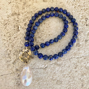 Lapis Lazuli Beaded Necklace with Freshwater Baroque Pearl, Gold Filled, Gold Bronze,17.5"in